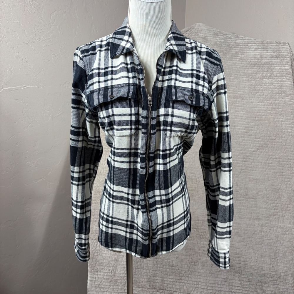 Chaps Denim Womens Large Black White Plaid Full Zip Flannel Cotton Shirt Jacket